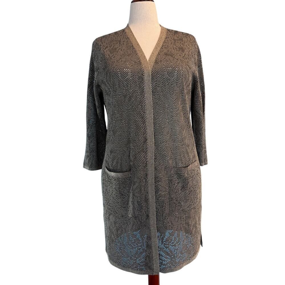 NWT CHICO'S Cardigan Sweater Palm Stitch Olive Open Front Pockets 2 L $129.00